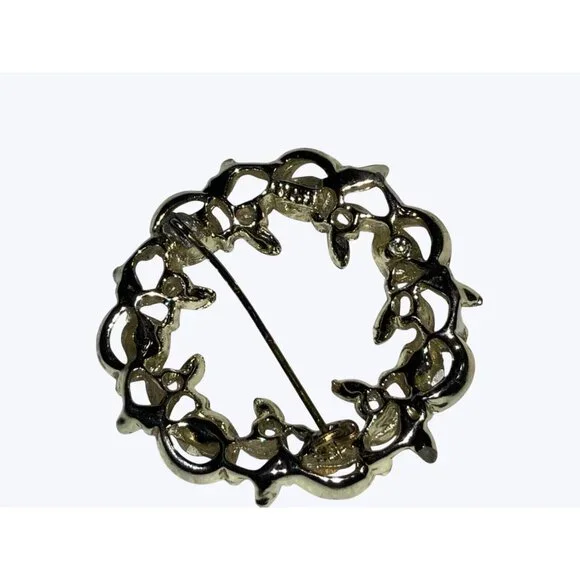 Vintage BSK Round Silver-Toned Brooch With Green Blue Rhinestones - Picture 11 of 13